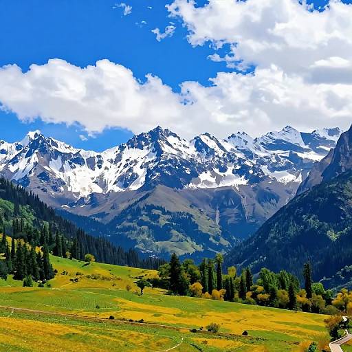 Vibrant photograph of a mountainous landscape with snow-capped peaks, bright blue sky, fluffy white clouds, green meadows, and scattered trees