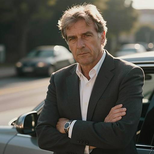 Serious middle-aged man in suit leaning on car