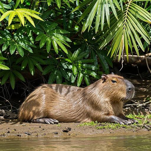 Photograph of a beaver with brown fur and black stripes, lying on a dirt bank, surrounded by lush green foliage and palm leaves, with a