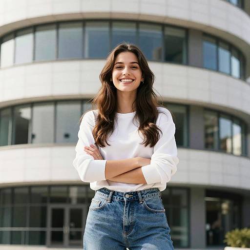 Smiling Young Woman by Modern Building
