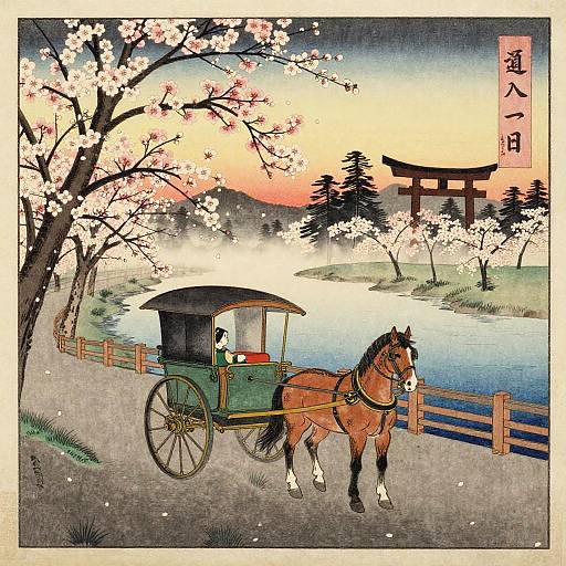 Traditional Japanese woodblock print: horse-drawn carriage on a cherry blossom-lined path, beside a serene river, with Torii gate in background.