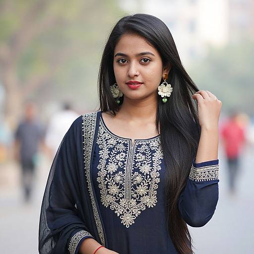 Photograph of an Indian woman with long black hair, wearing a navy blue embroidered kameez, white floral earrings, standing outdoors with blurred background.