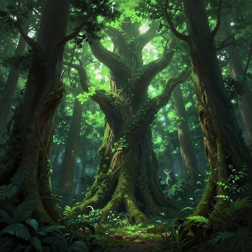 Digital artwork of a dense, enchanted forest with towering, twisted trees covered in moss, vibrant green leaves, and dappled sunlight filtering through.