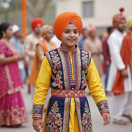 Photograph of a smiling young boy in a vibrant orange turban, yellow and embroidered black traditional Punjabi attire, standing in a colorful, blurred cultural
