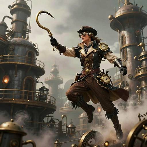 Steampunk adventurer in brown military-style outfit with goggles, black hat, and brass hooks, leaps mid-air amidst foggy, industrial steampunk
