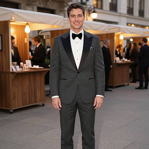 Photograph of a smiling man in a black tuxedo with a white shirt and black bow tie, standing in front of illuminated outdoor market stalls at