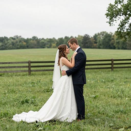 Photograph of a bride in a white lace gown and veil, holding hands with a groom in a black suit, standing in a green grassy field