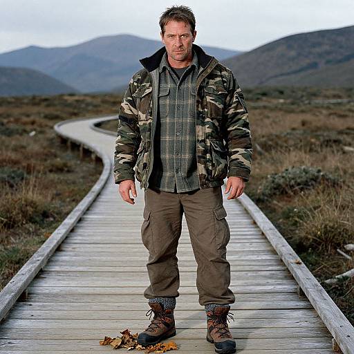 Photograph of a rugged, middle-aged man in camouflage jacket and brown pants standing on a wooden boardwalk in a mountainous, grassy landscape.