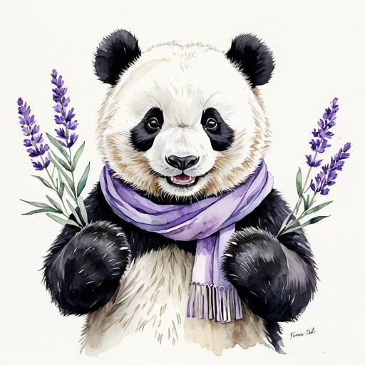 Joyful Panda with Lavender Scarf Watercolor