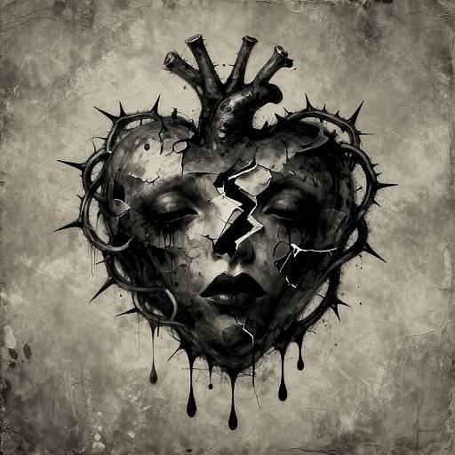 Grungy digital artwork of a broken, black-inked, spiked heart with drips on a textured, gray, weathered background.