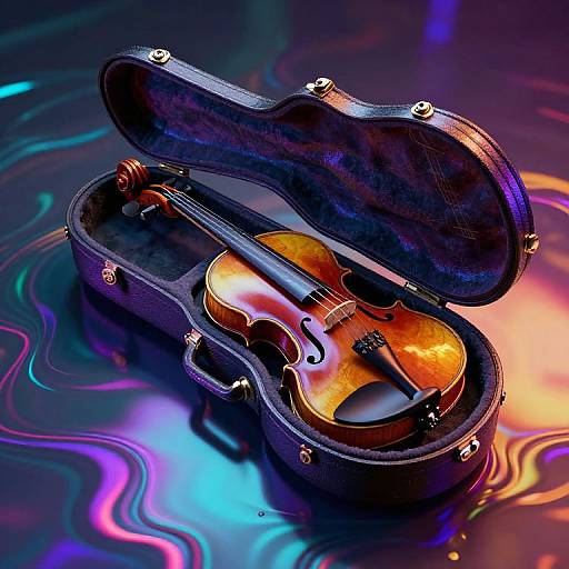 Photograph of an open, black leather violin case with a shiny, wooden violin inside, resting on a colorful, iridescent, liquid-like surface