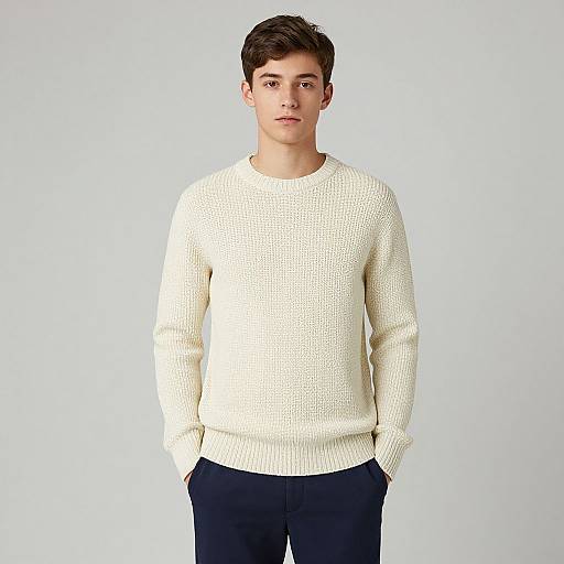 Photograph of a young man with short brown hair, wearing a white knit sweater and black pants, standing against a plain white background.