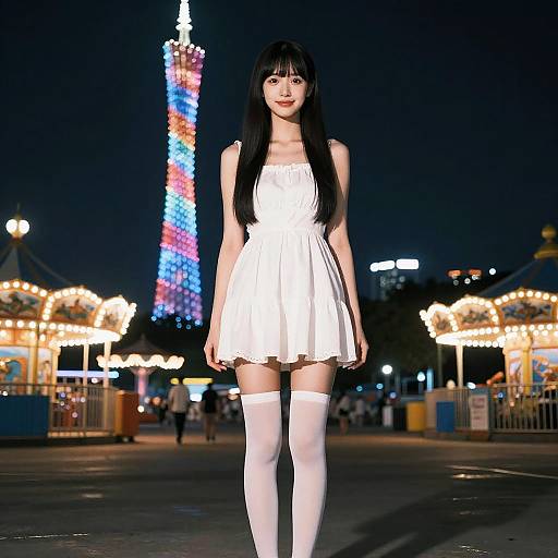 Photorealistic Girl at Night Amusement Park