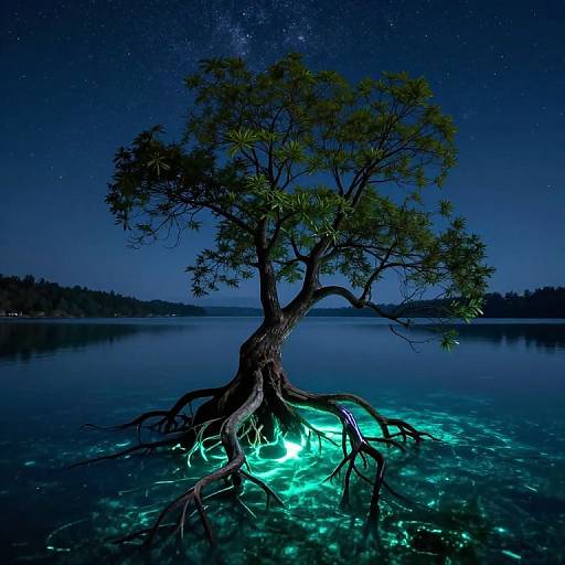 Photograph: Glowing, illuminated tree roots in clear, turquoise-lit water under a starry night sky, with a dark, reflective lake and