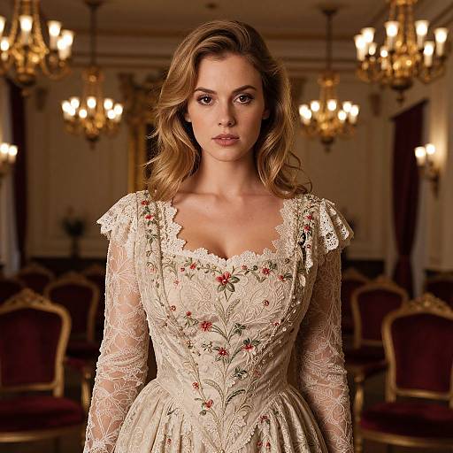 Photograph of a brunette woman with wavy hair, wearing an elegant white lace dress with floral embroidery, standing in a luxurious, warmly-lit ball