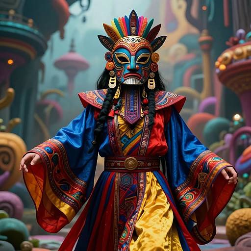 Vibrant Stylized Figure in Tribal Mask