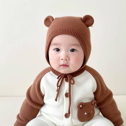 Photograph of a baby with fair skin, wearing a brown and white knitted bear-themed onesie and hat, seated against a white background.