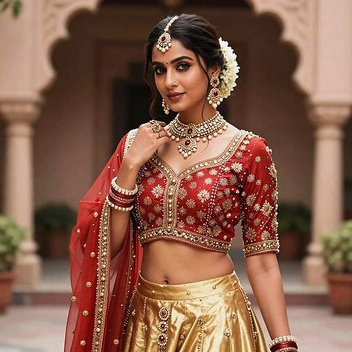 Bollywood Woman in Red Gold Dress