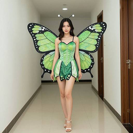 Photograph of a fair-skinned woman with black hair, wearing a green butterfly-themed costume, large green and black butterfly wings, and white sandals,