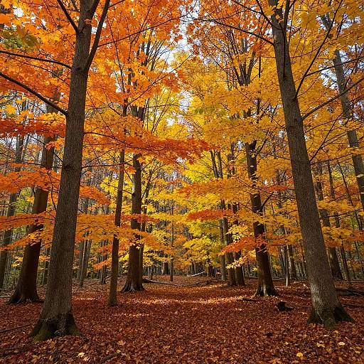 Photograph of a vibrant autumn forest with tall trees, bright orange and yellow leaves, and a forest floor covered in fallen leaves. Sunlight filters through