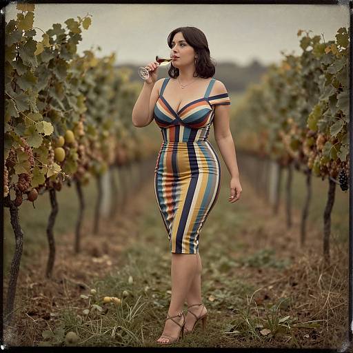 Curvy Woman Wine Tasting in Vineyard
