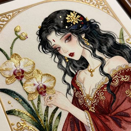 Detailed digital illustration of a beautiful, dark-haired woman with wavy hair, wearing a red, ornate dress, touching orange orchids, adorned with