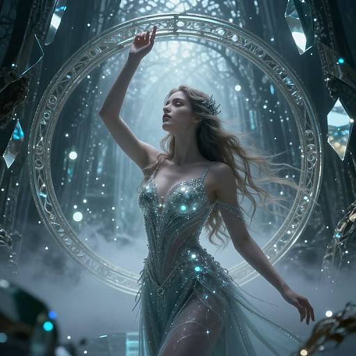 Ethereal photograph of a glamorous woman with long brown hair, wearing a sparkling silver gown, posing dramatically in a futuristic, illuminated cathedral-like setting with