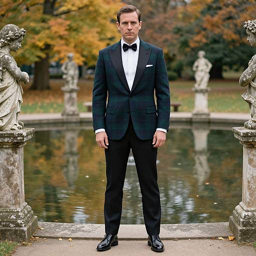 Photograph of a serious, fair-skinned man in a black tuxedo with a white shirt and black bow tie, standing in front of a