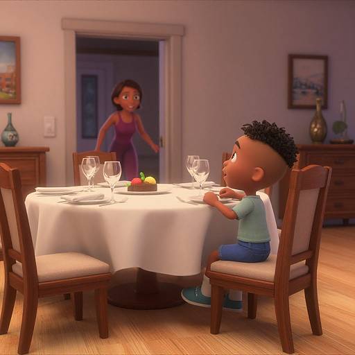 CGI image of a young Black boy with short curly hair in a light blue shirt and blue jeans, sitting at a dining table with wine glasses and