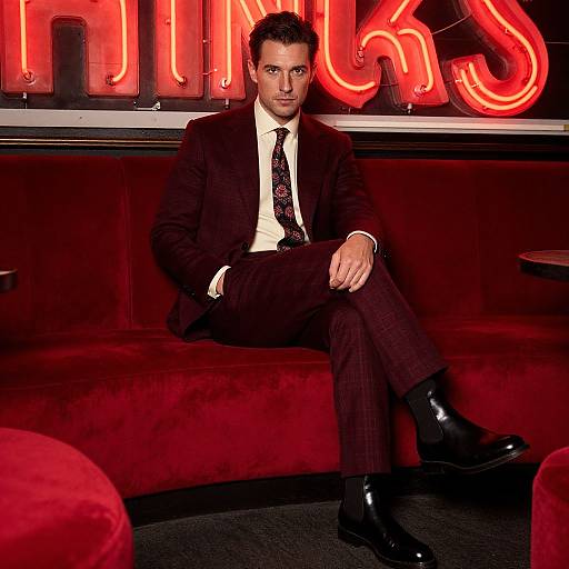 Photograph of a handsome man in a dark suit, white shirt, patterned tie, and black boots, sitting on a red velvet couch, with