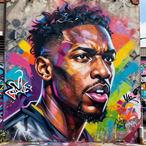 Vibrant graffiti of a muscular Black man with curly hair, intense expression, and colorful abstract background on a concrete wall.