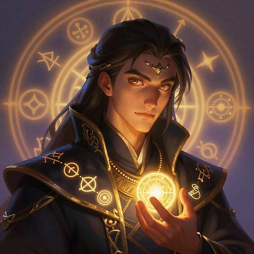 Digital art of a handsome, dark-haired mage with glowing yellow eyes, wearing an ornate black robe, holding a radiant magical orb. Golden circular symbols