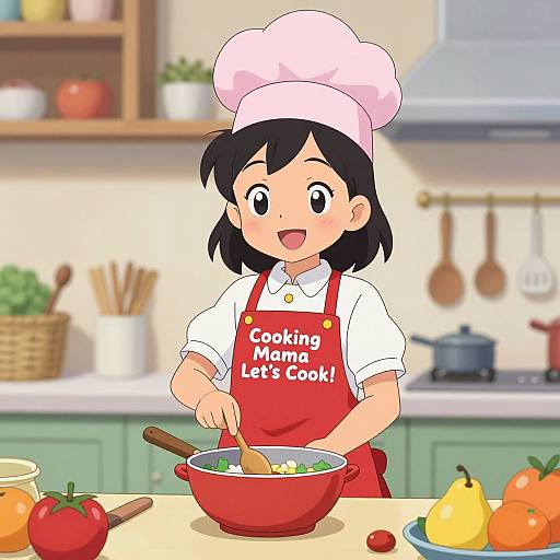 Cartoon girl with black hair, chef hat, red apron, 