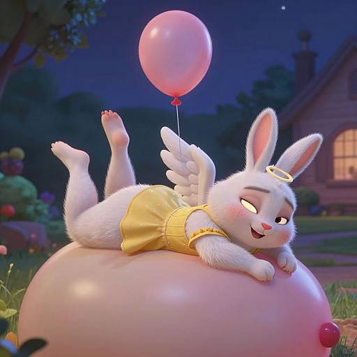 CGI cartoon bunny with white fur, yellow dress, and wings, lying on a pink balloon, holding a pink balloon string, in a nighttime garden