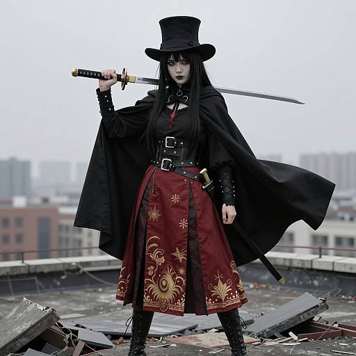 Gothic Woman with Katana on Rooftop