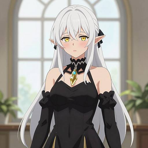 Anime-style digital drawing of a white-haired elf girl with yellow eyes, wearing a black, off-shoulder dress with a gemstone necklace, standing