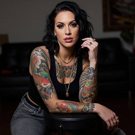 Photograph of a tattooed woman with black hair, wearing a black tank top and jeans, sitting confidently, showcasing colorful sleeve tattoos.