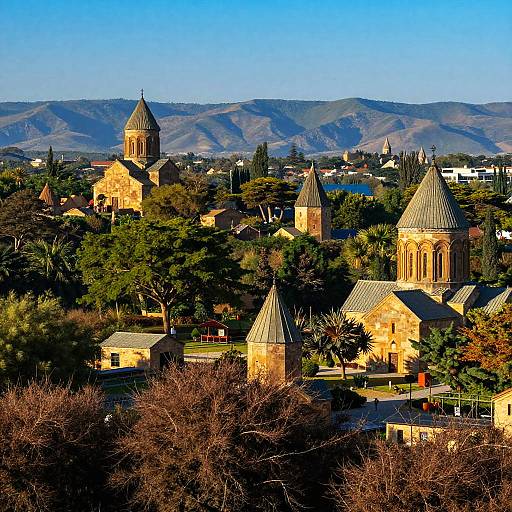 Photograph of a sunlit, historic stone church with multiple spires, surrounded by lush green trees, set against a backdrop of blue mountains under a