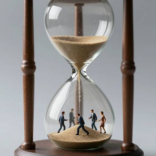 Photograph of a glass hourglass with tiny figurines of businesspeople walking; sand trickling down, representing time passing in a professional context.