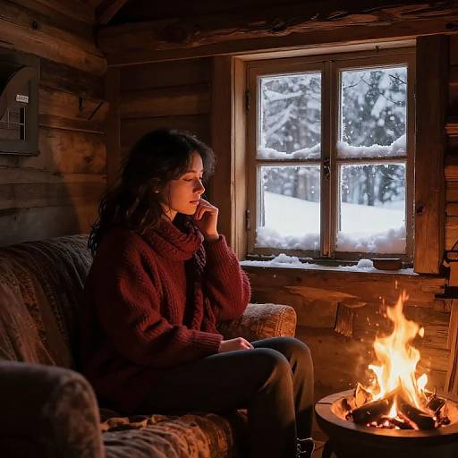 Photograph of a woman with long dark hair, wearing a red sweater, sitting by a fireplace in a wooden cabin, gazing out a snow-covered