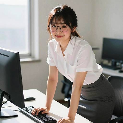 Photograph of an Asian woman with glasses, white blouse, and black skirt, leaning over a computer in a sunlit office.