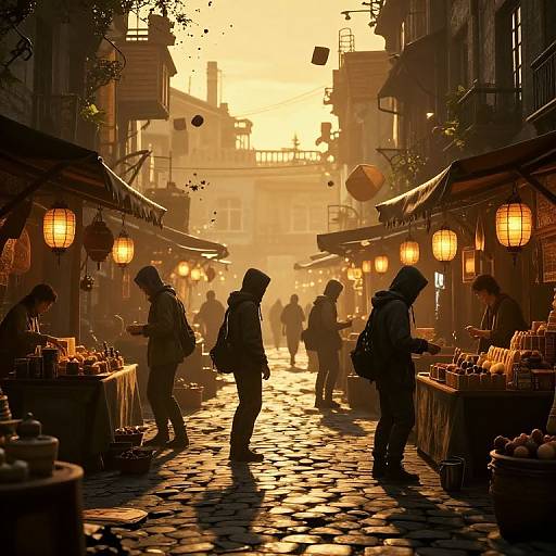Photograph of a sunlit, cobblestone market street at sunset, with silhouetted shoppers, lanterns, hanging produce, and vendors