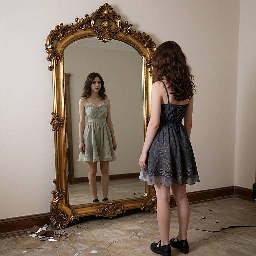 Photograph of a woman with long brown hair, wearing a black lace dress and black shoes, standing in front of an ornate gold-framed mirror