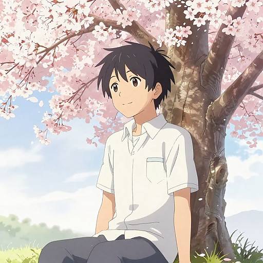 Anime Boy Under Sakura Tree