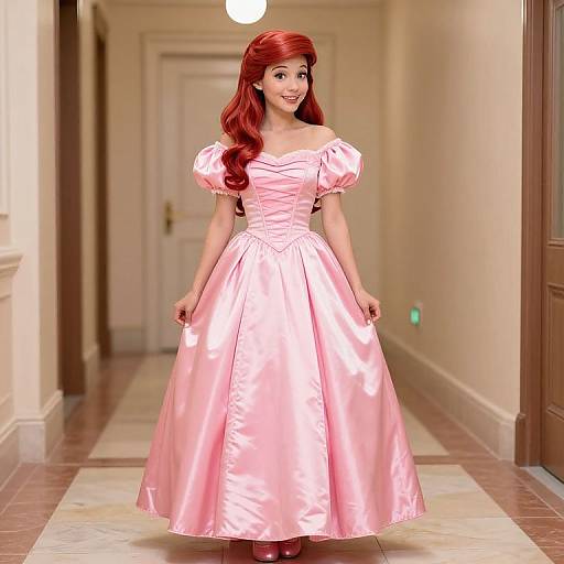Photorealistic CGI of a smiling young woman with red hair in a pink, off-shoulder, puffed-sleeve satin dress standing in