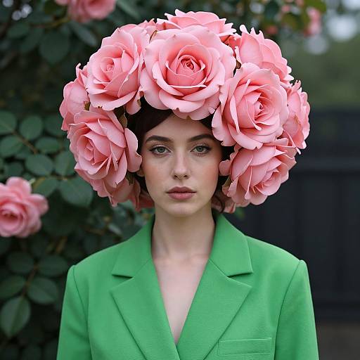Photograph of a pale-skinned woman with green eyes, wearing a bright green blazer and a pink rose headpiece, standing against a blurred background