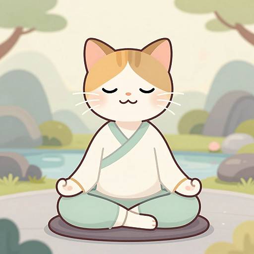Cartoon cat with orange and white fur, closed eyes, and a calm smile, sits in a meditative pose on a mat by a serene pond
