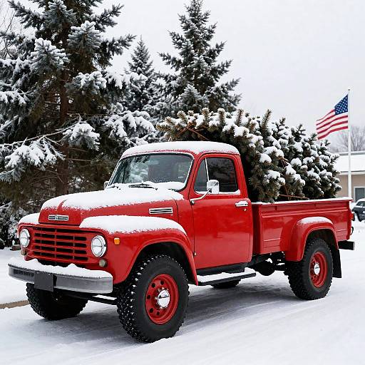 Vintage Red Truck Transporting Christmas Tree in Snow