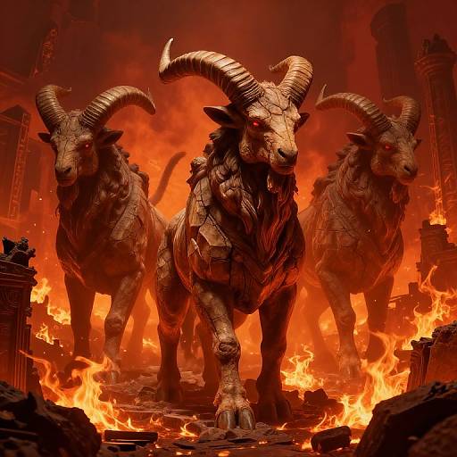 Ancient Horned Demons in Fiery Ruins