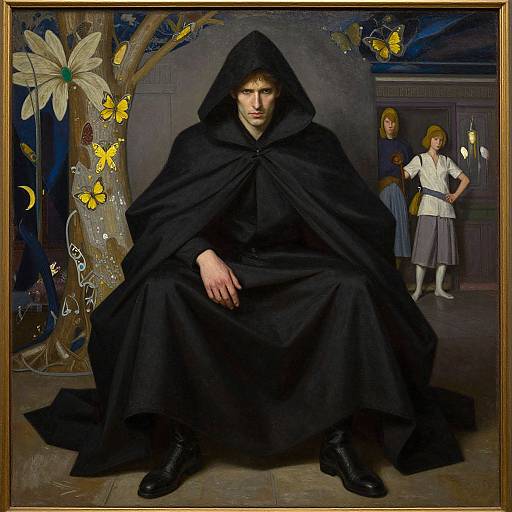 Photograph-style digital art: Brooding young man in dark hooded cloak sits center, surrounded by yellow butterflies and tree, with two women in blue